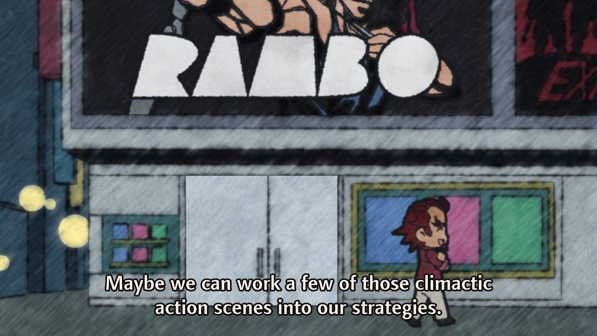 Genjuuro plans strategy by watching Rambo